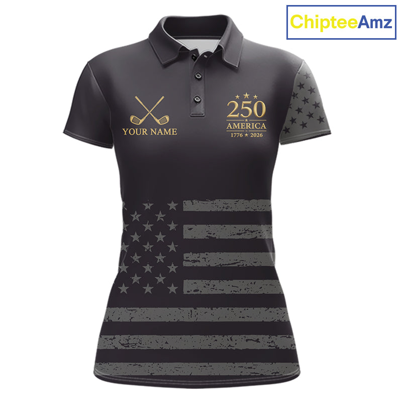 Black & Gold American Flag Womens Golf Polo Shirts, Golf Gifts For Team NHT887