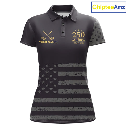 Black & Gold American Flag Womens Golf Polo Shirts, Golf Gifts For Team NHT887