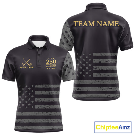 Black & Gold American Flag Mens Golf Polo Shirts, Golf Gifts For Team NHT887