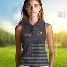 Load image into Gallery viewer, Black &amp; Gold American 250Th Anniversary Sleeveless Womens Golf Polo Shirts, Golf Gifts For Team NHT887