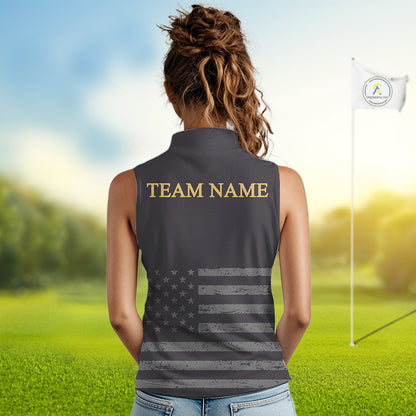 Black & Gold American Flag Sleeveless Womens Golf Polo Shirts, Golf Gifts For Team NHT887