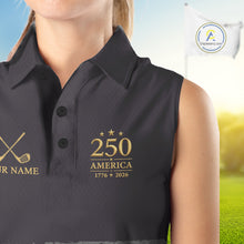 Load image into Gallery viewer, Black &amp; Gold American 250Th Anniversary Sleeveless Womens Golf Polo Shirts, Golf Gifts For Team NHT887