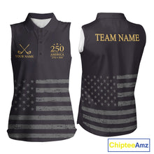Load image into Gallery viewer, Black &amp; Gold American 250Th Anniversary Sleeveless Womens Golf Polo Shirts, Golf Gifts For Team NHT887