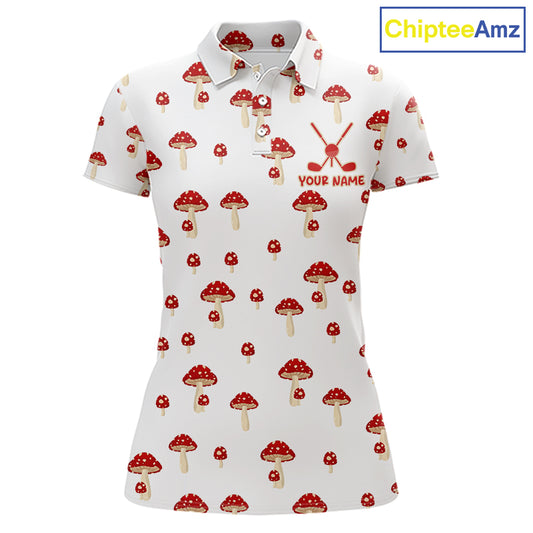 Funny Mushroom Womens Golf Polo Shirt, Personalized Mushroom Red White Pattern Golf Jersey NHT888