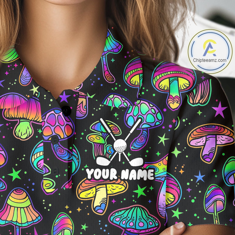 Funny Neon Mushroom Pattern Womens Golf Polo Shirt – Custom Name, Team Name For Golfer NHT889