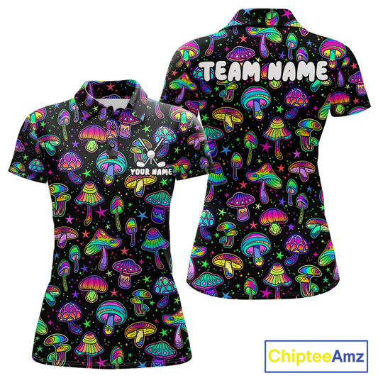 Funny Neon Mushroom Pattern Womens Golf Polo Shirt – Custom Name, Team Name For Golfer NHT889