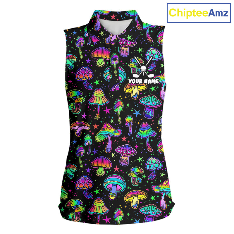 Funny Neon Mushroom Pattern Sleeveless Womens Golf Polo Shirt – Custom Name, Team Name For Golfer NHT889