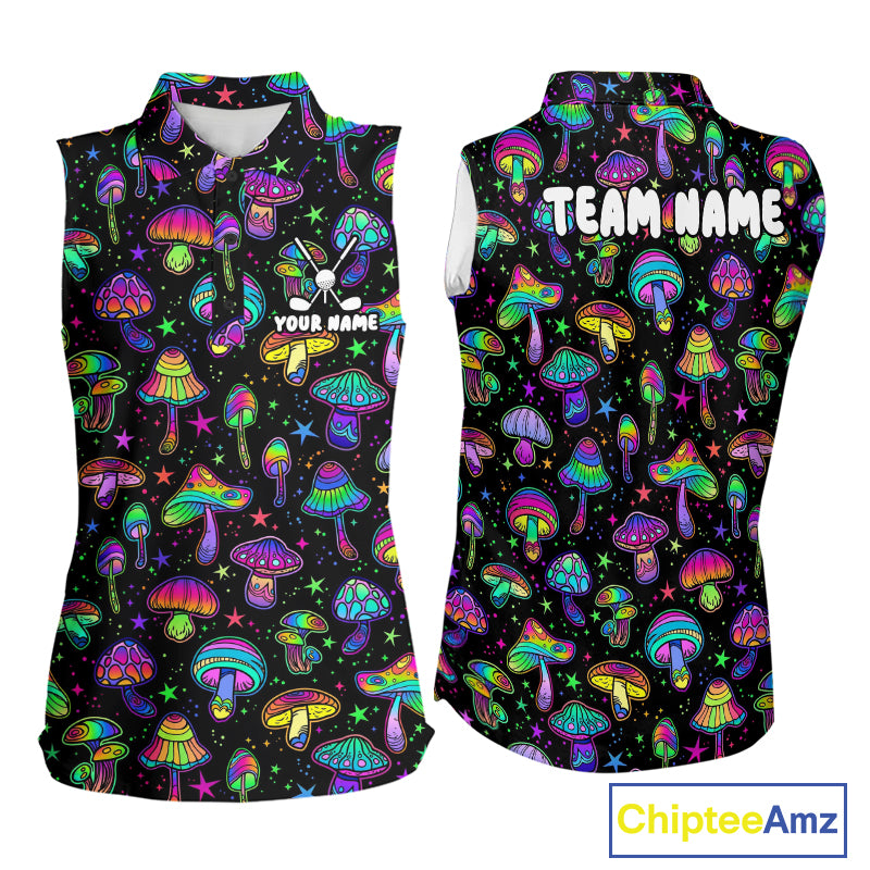 Funny Neon Mushroom Pattern Sleeveless Womens Golf Polo Shirt – Custom Name, Team Name For Golfer NHT889