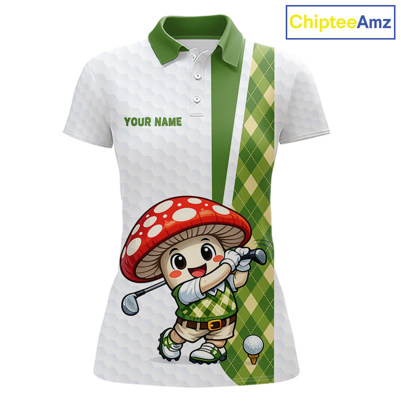 Funny Cartoon Mushroom Womens Golf Polo Shirt White Argyle Green Pattern Golf Shirt NHT890
