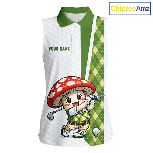 Funny Cartoon Mushroom Sleeveless Womens Golf Polo Shirt White Argyle Green Pattern Golf Shirt NHT890