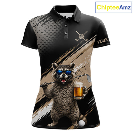 Funny Raccoon Golf Polo Shirt Custom Name Golf Beer Polo Gift For Women Black Beige Golf Jersey  NHT891