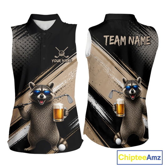Funny Raccoon Golf Polo Shirt Custom Name Golf Beer Polo Gift For Women Black Beige Golf Jersey NHT891