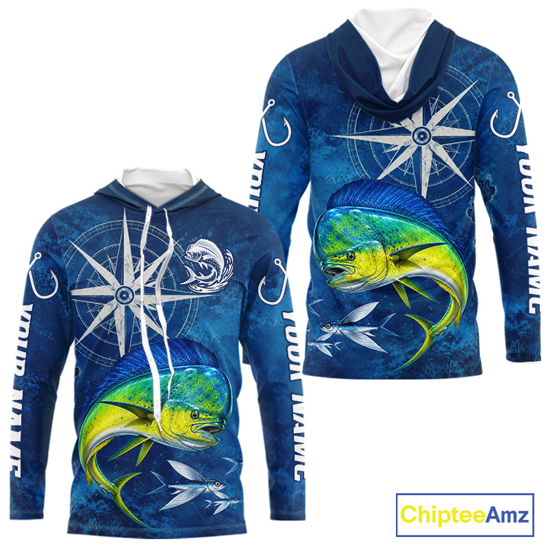 Mahi Mahi Fishing Shirt Long Sleeve Hooded Gift For Men – Deep Sea Angler Ocean Compass Design
