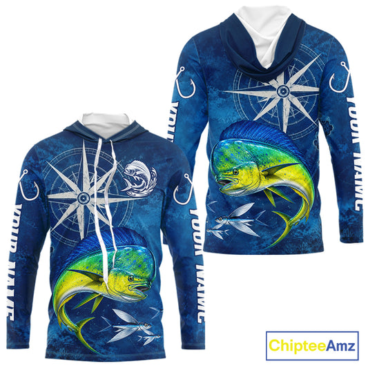 Mahi Mahi Fishing Shirt Long Sleeve Hooded Gift For Men – Deep Sea Angler Ocean Compass Design