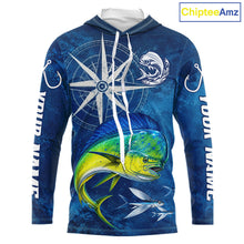 Load image into Gallery viewer, Mahi Mahi Fishing Shirt Long Sleeve Hooded Gift For Men – Deep Sea Angler Ocean Compass Design