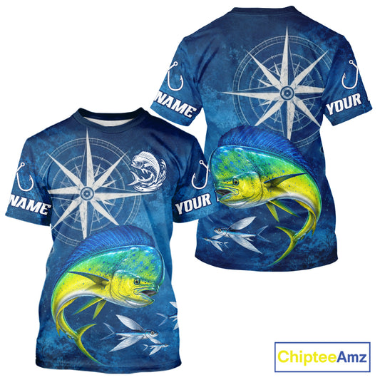 Mahi Mahi Short Sleeve Fishing T-Shirts Gift For Men – Deep Sea Angler Ocean Compass Design
