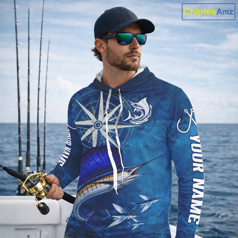 Sailfish Fishing Shirt Long Sleeve Hooded Gift For Men – Deep Sea Angler Ocean Compass Design