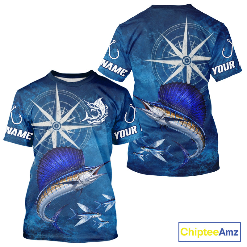 Sailfish Short Sleeve Fishing T-Shirts Gift For Men – Deep Sea Angler Ocean Compass Design