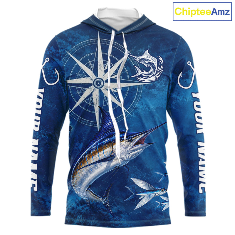 Marlin Fishing Shirt Long Sleeve Hooded Gift For Men – Deep Sea Angler Ocean Compass Design