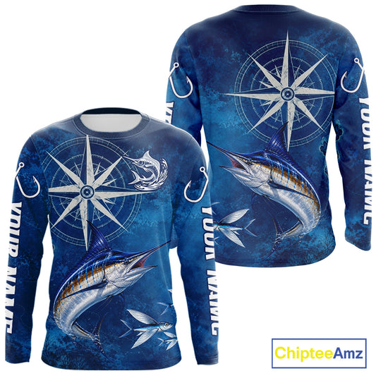 Marlin Fishing Shirt Long Sleeve Gift For Men – Deep Sea Angler Ocean Compass Design