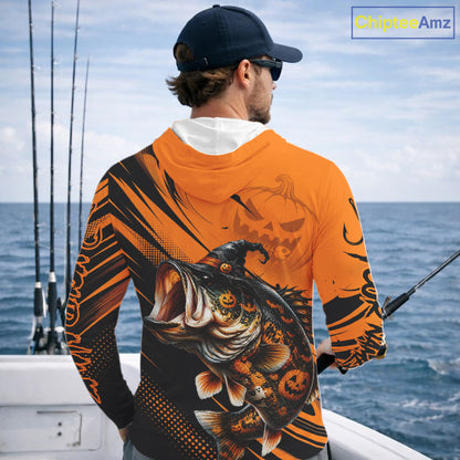 Halloween Bass Fishing Shirt, Largemouth Bass Long Sleeve Hooded Fishing Jersey, Custom Angler Gift NHT1354