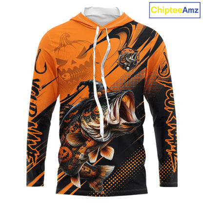 Halloween Bass Fishing Shirt, Largemouth Bass Long Sleeve Hooded Fishing Jersey, Custom Angler Gift NHT1354