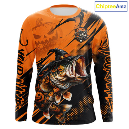 Halloween Bass Fishing Shirt, Largemouth Bass Long Sleeve Fishing Jersey, Custom Angler Gift NHT1354