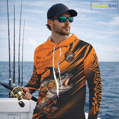 Halloween Salmon Fishing Shirt, Chinook Salmon Long Sleeve Hooded Fishing Jersey, Custom Angler Gift NHT1355
