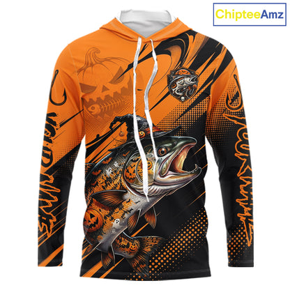 Halloween Salmon Fishing Shirt, Chinook Salmon Long Sleeve Hooded Fishing Jersey, Custom Angler Gift NHT1355