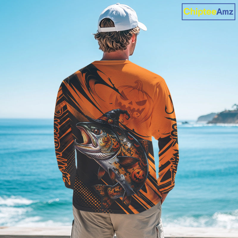 Halloween Salmon Fishing Shirt, Chinook Salmon Long Sleeve Fishing Jersey, Custom Angler Gift NHT1355