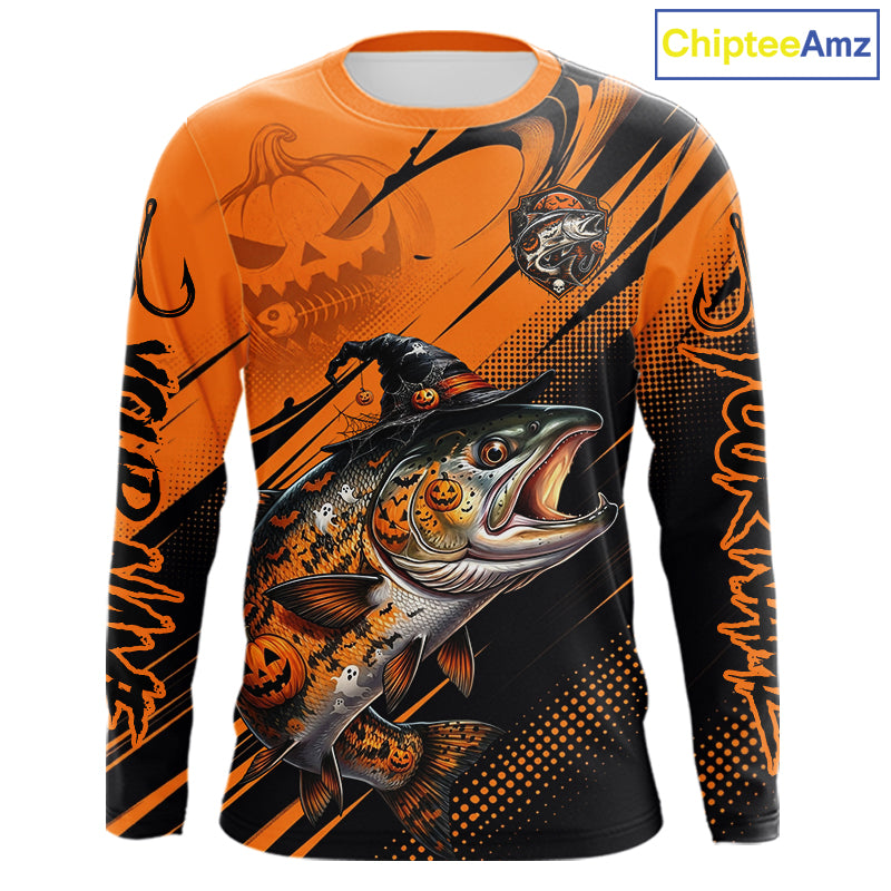 Halloween Salmon Fishing Shirt, Chinook Salmon Long Sleeve Fishing Jersey, Custom Angler Gift NHT1355