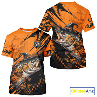 Halloween Salmon Fishing Shirt, Chinook Salmon Long Sleeve Fishing Jersey, Custom Angler Gift NHT1355