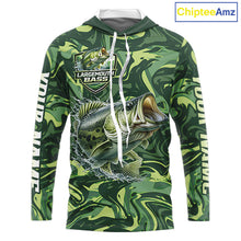 Load image into Gallery viewer, Largemouth Bass Fishing Shirts Long Sleeve Hooded Camo Green With Personalized Name NHT398