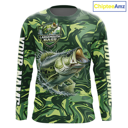 Largemouth Bass Fishing Shirts Long Sleeve Camo Green With Personalized Name NHT398