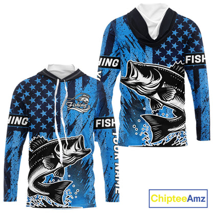 Bass Fishing American Camo Custom Name UV Protection Long Sleeves Hooded Shirt, Bass Fishing Jersey NHT530
