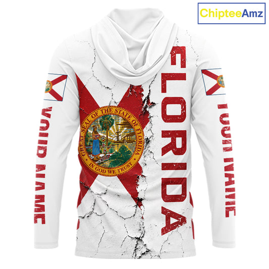 Florida Fishing Shirt Patriotic Florida Flag Long Sleeve Hooded UV Protection Fishing Jersey