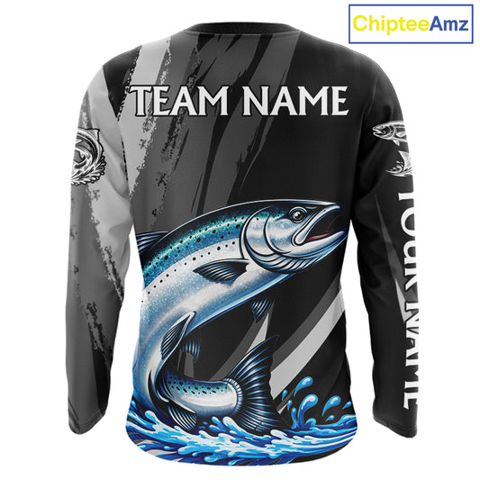 Personalized Black Camo Chinook Salmon Fishing Jerseys, Salmon Long Sleeve Fishing Shirts NHT463
