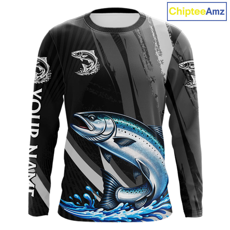 Personalized Black Camo Chinook Salmon Fishing Jerseys, Salmon Long Sleeve Fishing Shirts NHT463