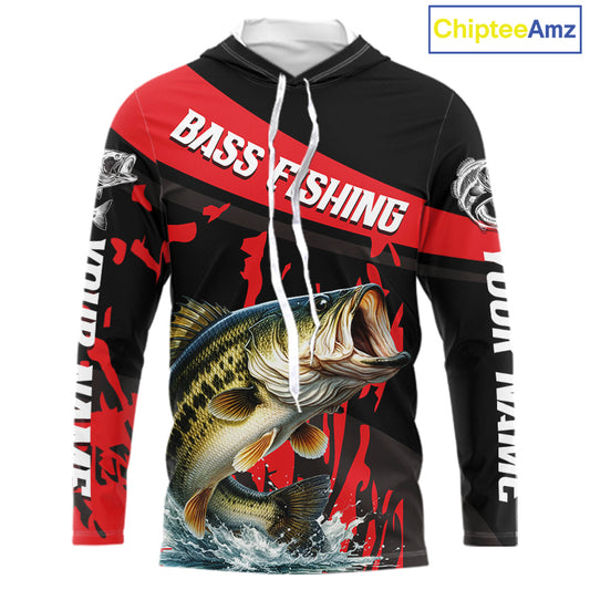 Custom Largemouth Bass Fishing Jerseys, Largemouth Bass Hooded Fishing Shirts Long Sleeve For Men|Red NHT725