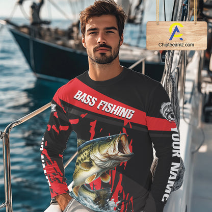 Custom Largemouth Bass Fishing Jerseys, Largemouth Bass Fishing Shirts Long Sleeve For Men|Red NHT725