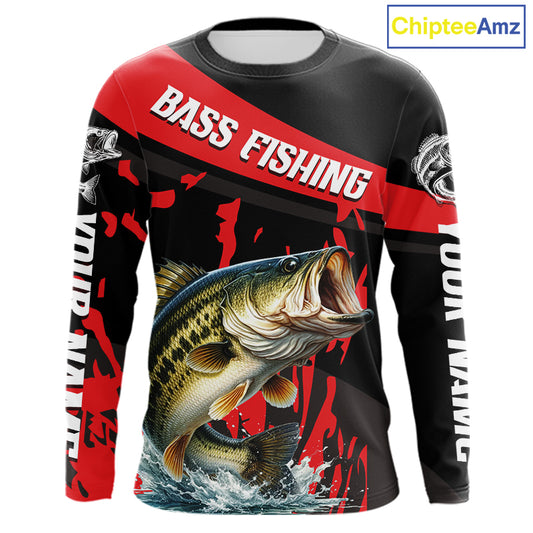 Custom Largemouth Bass Fishing Jerseys, Largemouth Bass Fishing Shirts Long Sleeve For Men|Red NHT725