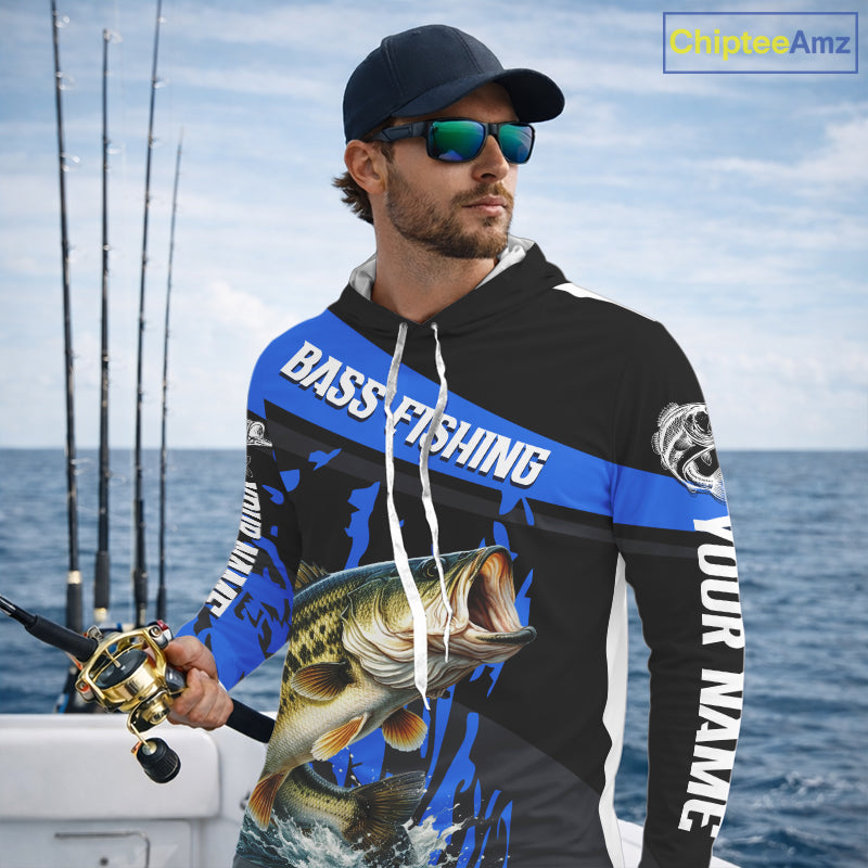 Custom Largemouth Bass Fishing Jerseys, Largemouth Bass Hooded Fishing Shirts Long Sleeve For Men|Blue NHT726