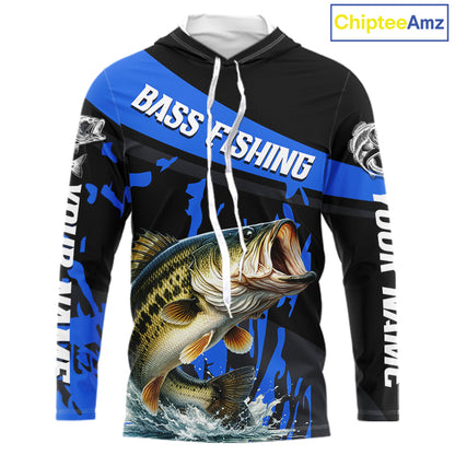 Custom Largemouth Bass Fishing Jerseys, Largemouth Bass Hooded Fishing Shirts Long Sleeve For Men|Blue NHT726
