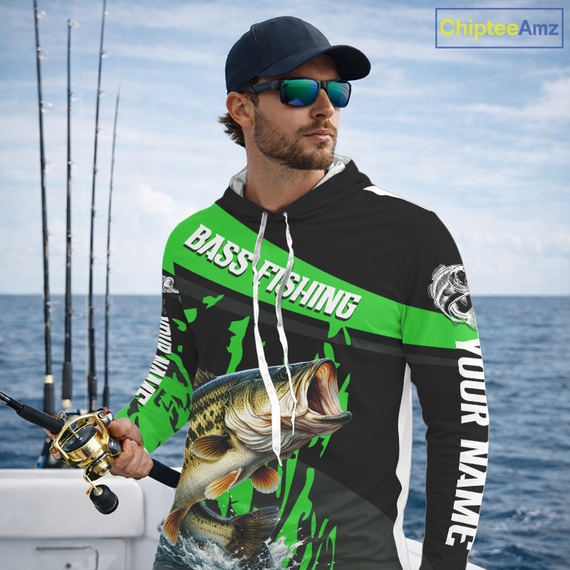 Custom Largemouth Bass Fishing Jerseys, Largemouth Bass Hooded Fishing Shirts Long Sleeve For Men|Green NHT727