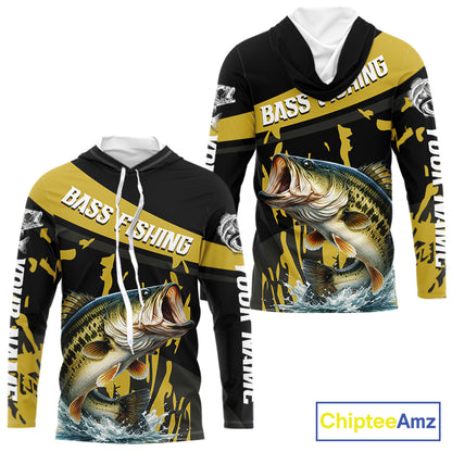 Custom Largemouth Bass Fishing Jerseys, Largemouth Bass Hooded Fishing Shirts Long Sleeve For Men|Yellow NHT728