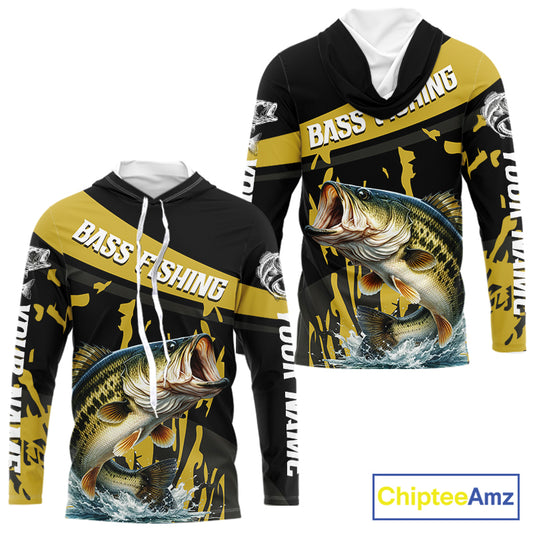 Custom Largemouth Bass Fishing Jerseys, Largemouth Bass Hooded Fishing Shirts Long Sleeve For Men|Yellow NHT728