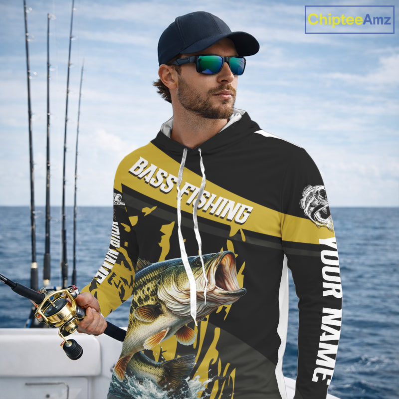 Custom Largemouth Bass Fishing Jerseys, Largemouth Bass Hooded Fishing Shirts Long Sleeve For Men|Yellow NHT728