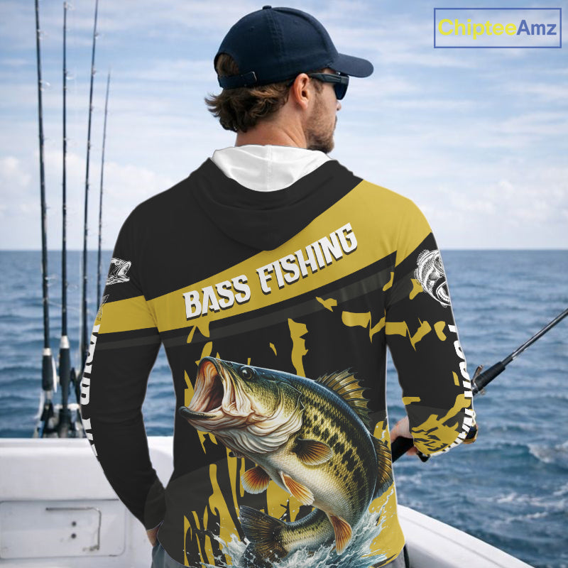 Custom Largemouth Bass Fishing Jerseys, Largemouth Bass Hooded Fishing Shirts Long Sleeve For Men|Yellow NHT728