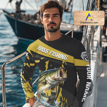 Custom Largemouth Bass Fishing Jerseys, Largemouth Bass Fishing Shirts Long Sleeve For Men|Yellow NHT728