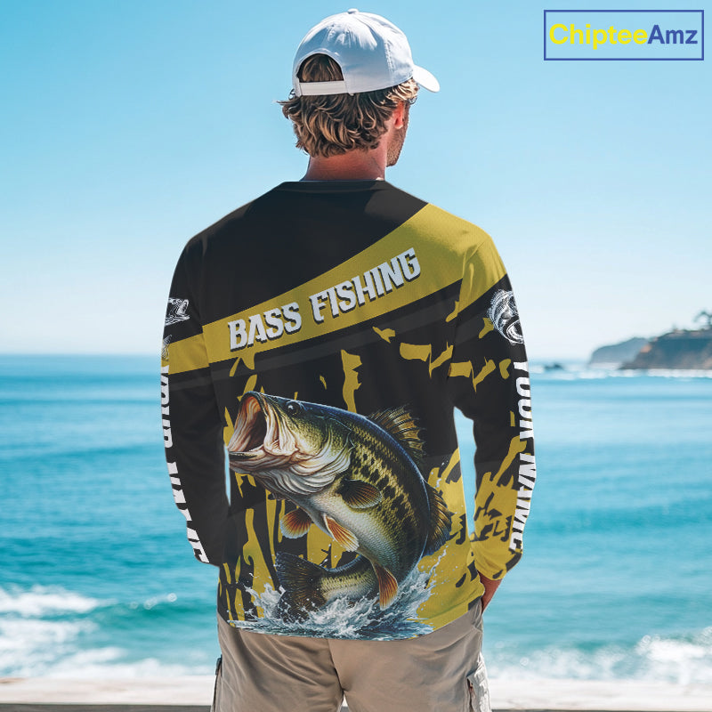 Custom Largemouth Bass Fishing Jerseys, Largemouth Bass Fishing Shirts Long Sleeve For Men|Yellow NHT728